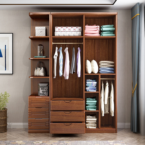 新中式胡桃木实木衣柜简约现代家用卧室全实木大衣橱对开门储物柜