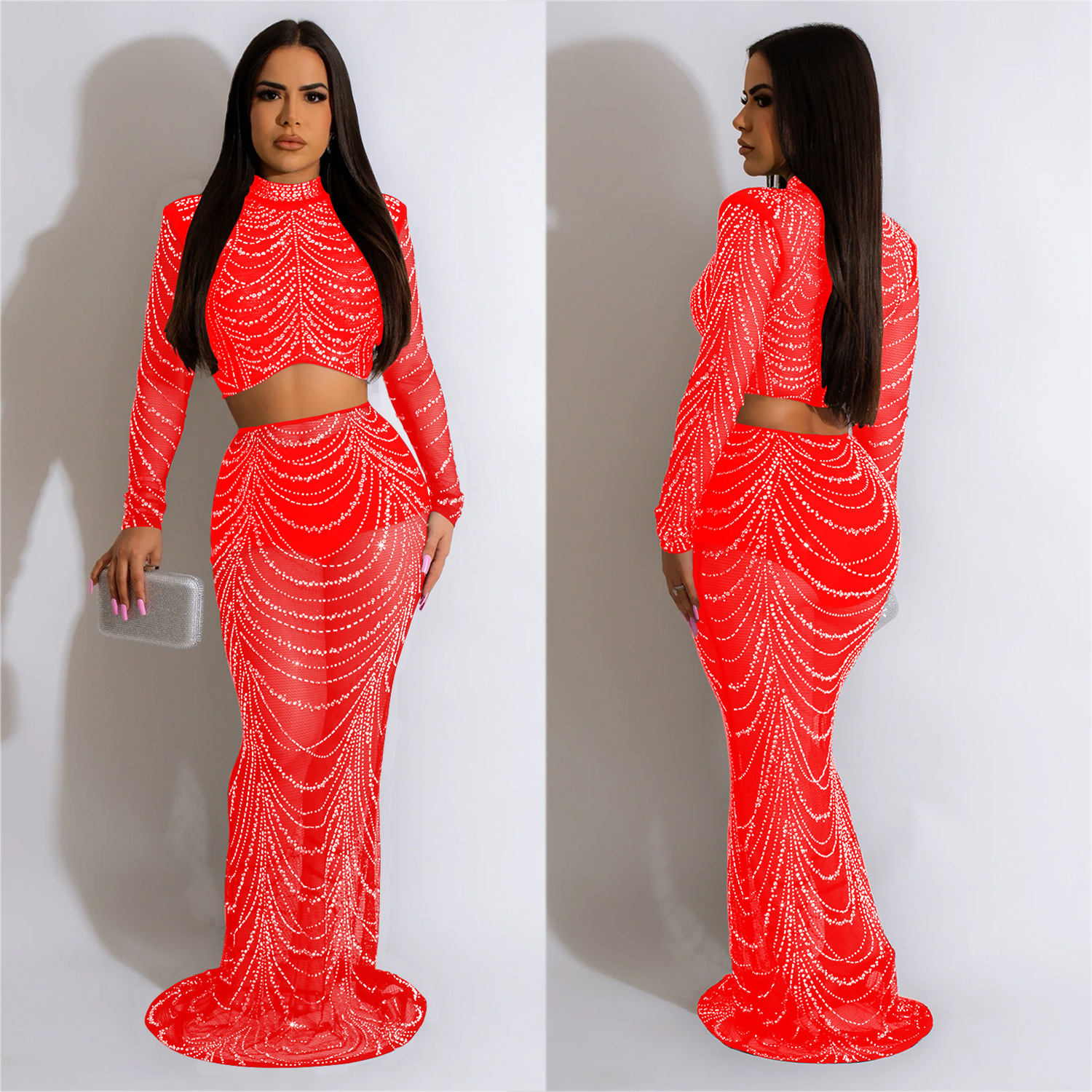 C6318 transfronteriza AliExpress Amazon ropa de mujer de moda europea y americana malla de color sólido rhinestone Vestido de manga larga conjunto de dos piezas