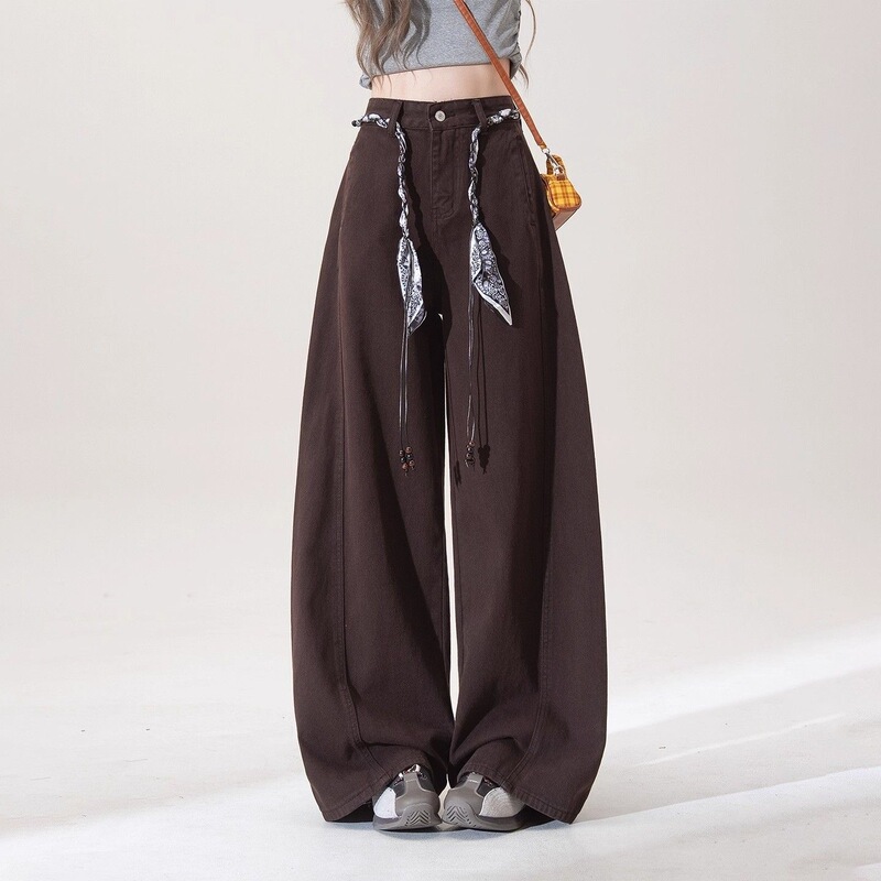 Brown wide-leg casual pants with silk scarf belt for women, new autumn high-waisted slimming scythe banana jeans Brown wide-leg casual pants with silk scarf belt for women, new autumn high-waisted slimming scythe banana jeans
