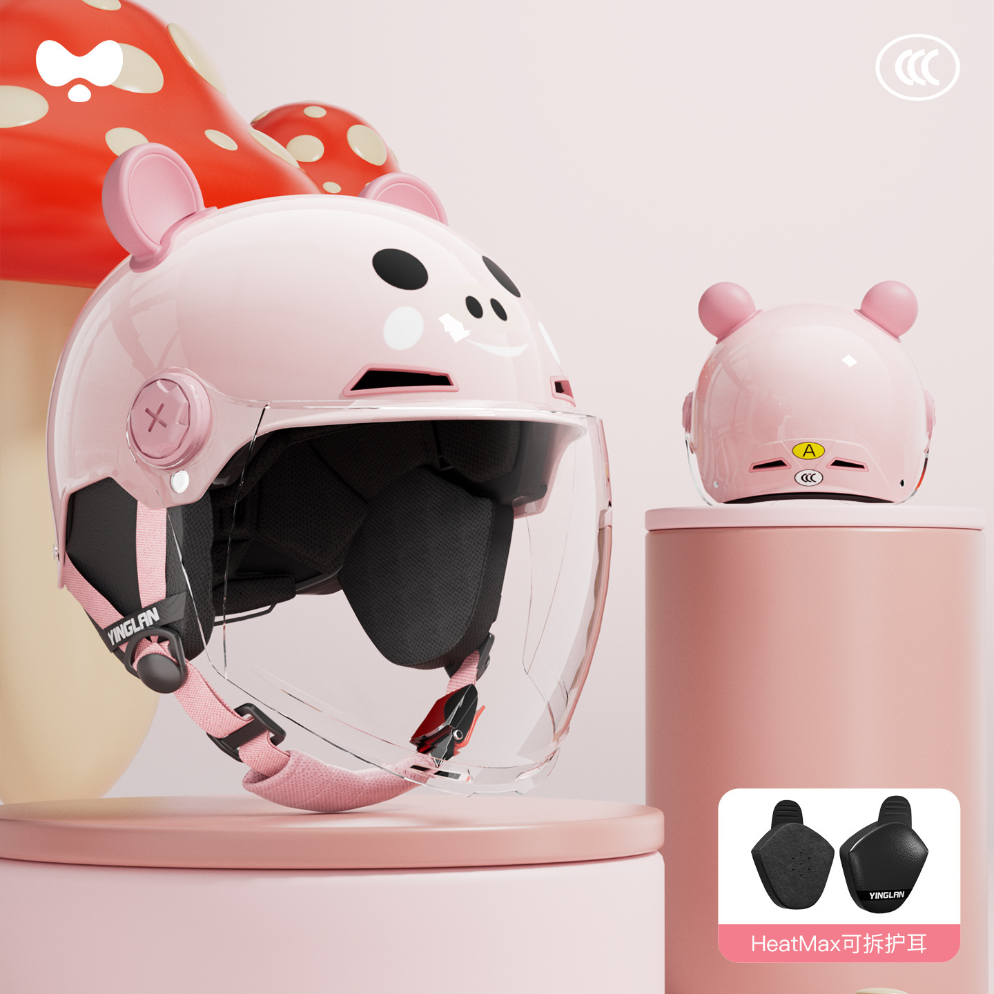 Motuoche – Lightweight Children's Helmet Motosiklet kaskı (dəbilqə) - 3c-pig-pink-hd-long-visor-heatmax-detachable-earmuffs-one-size
