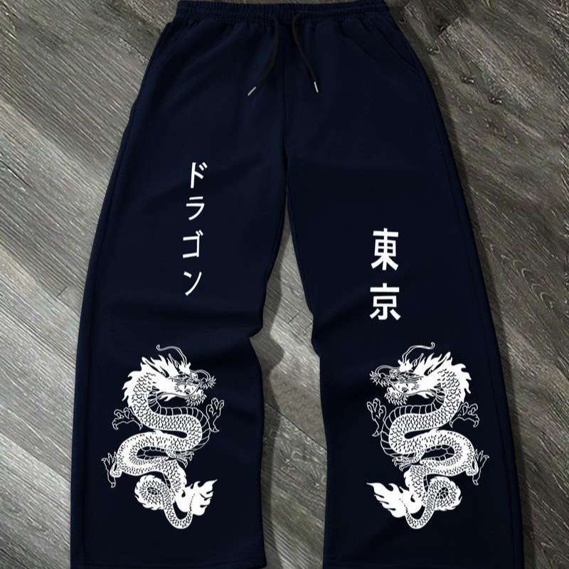 Men's Casual Straight-Leg Pants, Comfortable and Breathable, Unique Japanese Style with Dragon Pattern + (Dragon) "Tokyo"