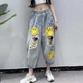 潮流女装破洞印花牛仔老爹裤女春夏时尚高腰宽松九分哈伦阔腿垮裤