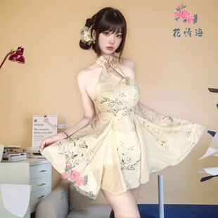 Flower Love Sea Sexy Underwear Classical New Chinese A- word Hip Print Cheongsam Sexy Naked Back Antique Uniform A812