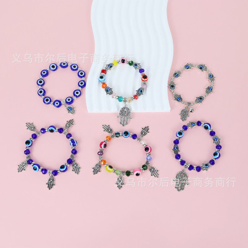 Cross-border Turkish evil eye bracelet Hamsa blue beaded charm stretch bracelet Fatima hand female
