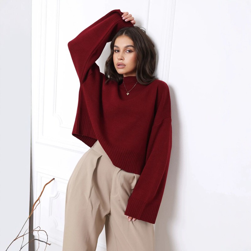 Russian Cross-Border Vintage Burgundy Half-Turtleneck Short Knit Sweater, Basic Everyday Long-Sleeve Knit Top