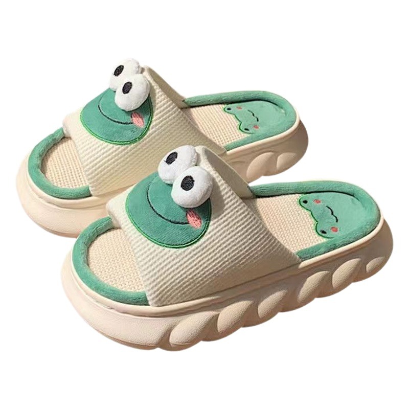 Lindas zapatillas de lino para el hogar de rana 2025 Four Seasons, parejas de hombres y mujeres, sandalias y zapatillas de plataforma antideslizantes para el hogar de interior