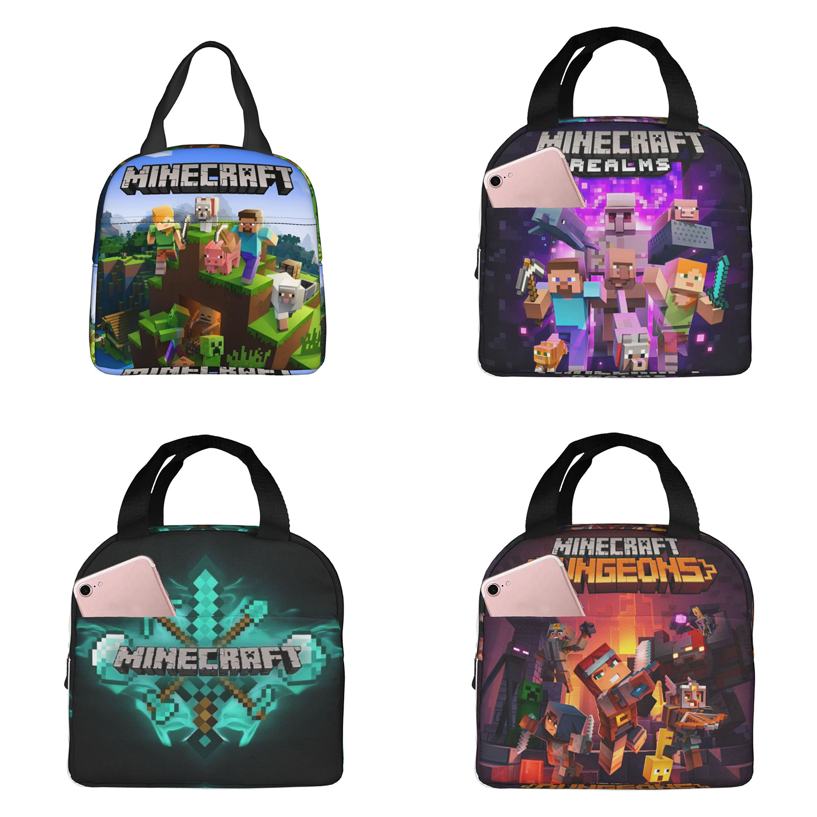 New Minecraft Lunch Bag Children's Full Printed Portable Meal Bag Cartoon Picnic Bag Convenient Bento Lunch Box Bag