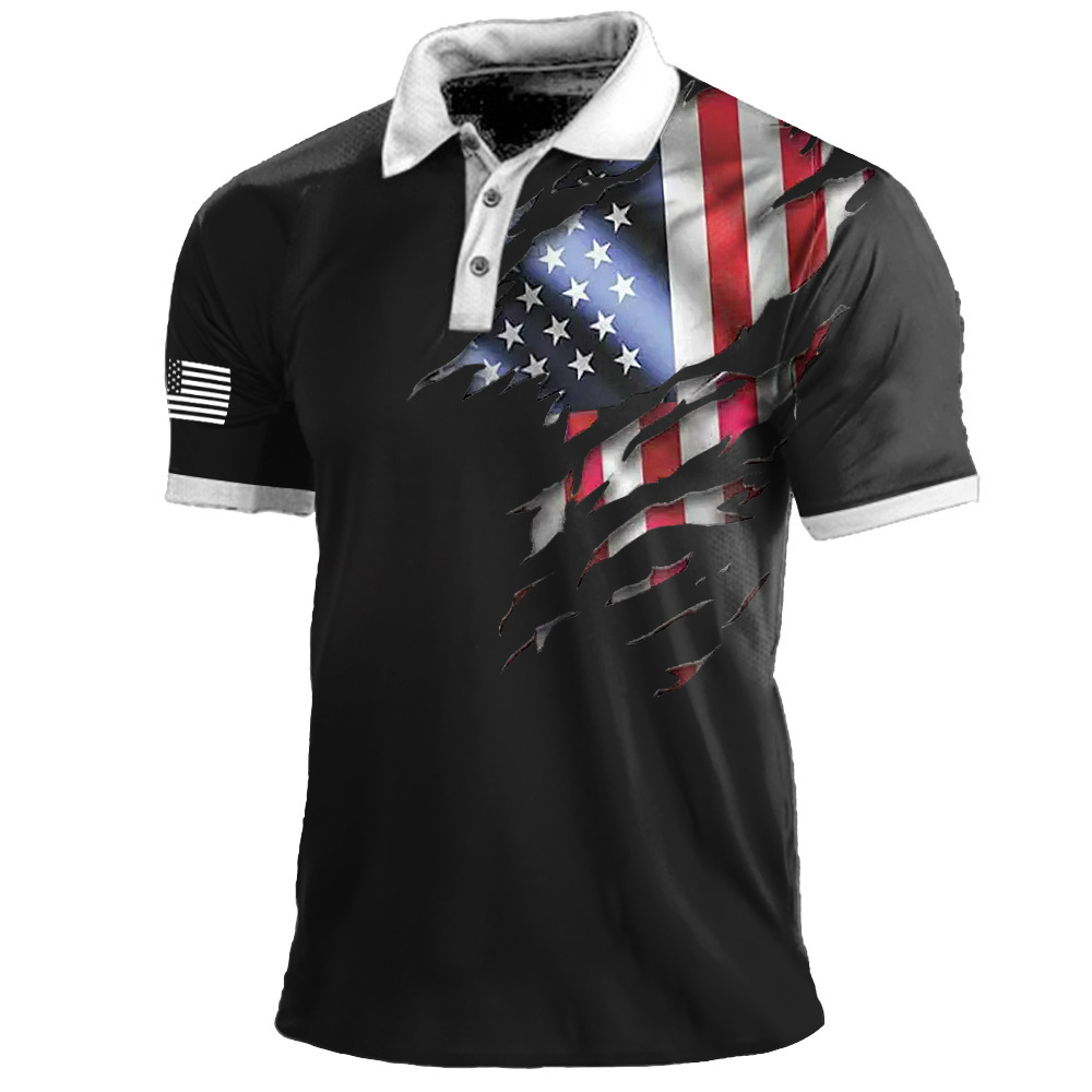 2023 Transfronterizo europeo y americano Amazon 3D impresión digital solapa de manga corta jersey casual para hombre camiseta con botones POLO