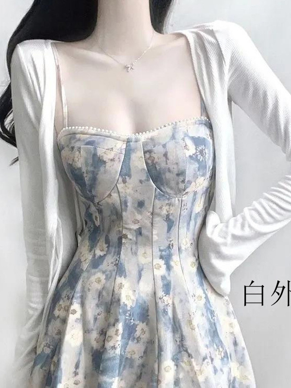 ティーブレイクフレンチピュアブルー油絵ドレス女性の夏の新しい妖精花柄ウエストサスペンダーミドル丈スカート|undefined