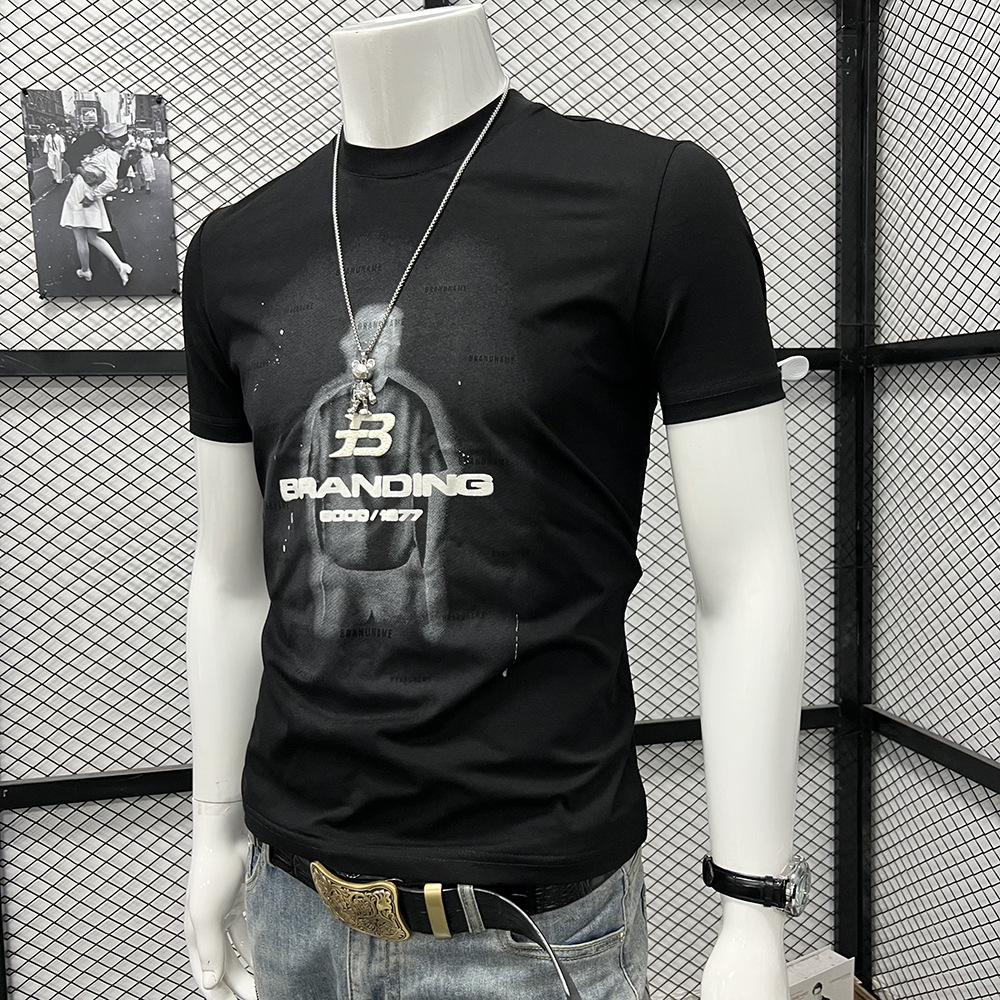 Summer ruffian handsome men's round neck short sleeve high-end fashion printing trendy men's letter B trendy brand T-shirt slim fit top men's clothing