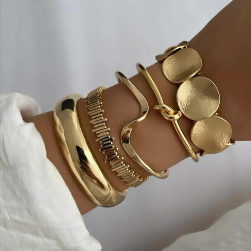 European and American Cross-Border Wave Knot Geometric Round Metal Open Bracelet Set Five-Piece Set Retro Simple Bracelet for Women