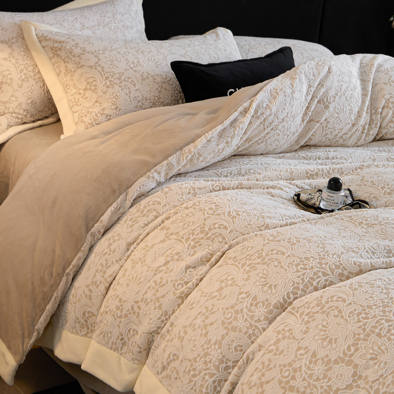 Invierno engrosado tallado leche de lana de cuatro piezas conjuntos de doble brida de lana de coral sábanas cubiertas de cama de tres piezas conjuntos de ropa de cama