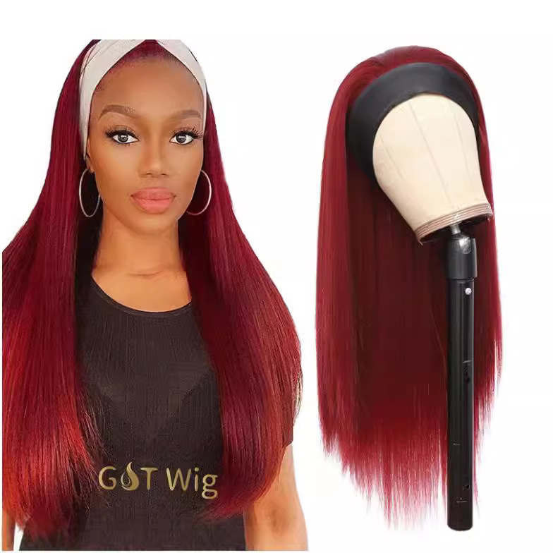Parrucca liscia con fascia per capelli – Capelli sintetici resistenti al calore in nero/marrone/bordeaux (24/26/28/30/32 pollici)_voghion.com