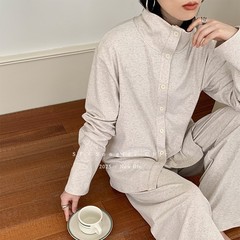 高领开衫睡衣套装秋冬新款落肩长袖显瘦慵懒家居服两件套莱赛尔女
