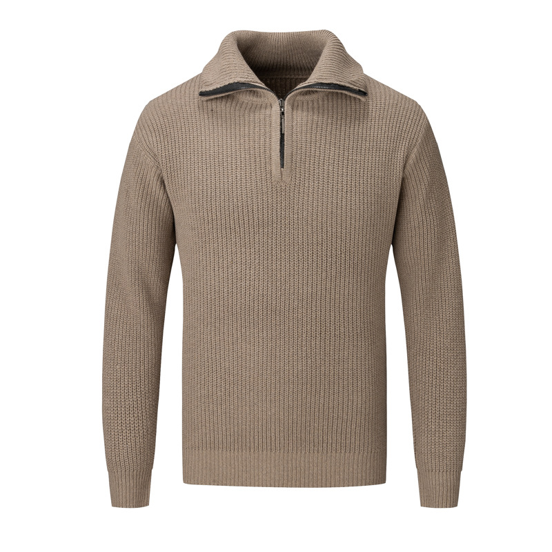 Suéter de cuello medio alto con cremallera para hombre, estilo holgado para otoño e invierno, tejido de punto de color sólido de alta gama, top de manga larga para comercio exterior