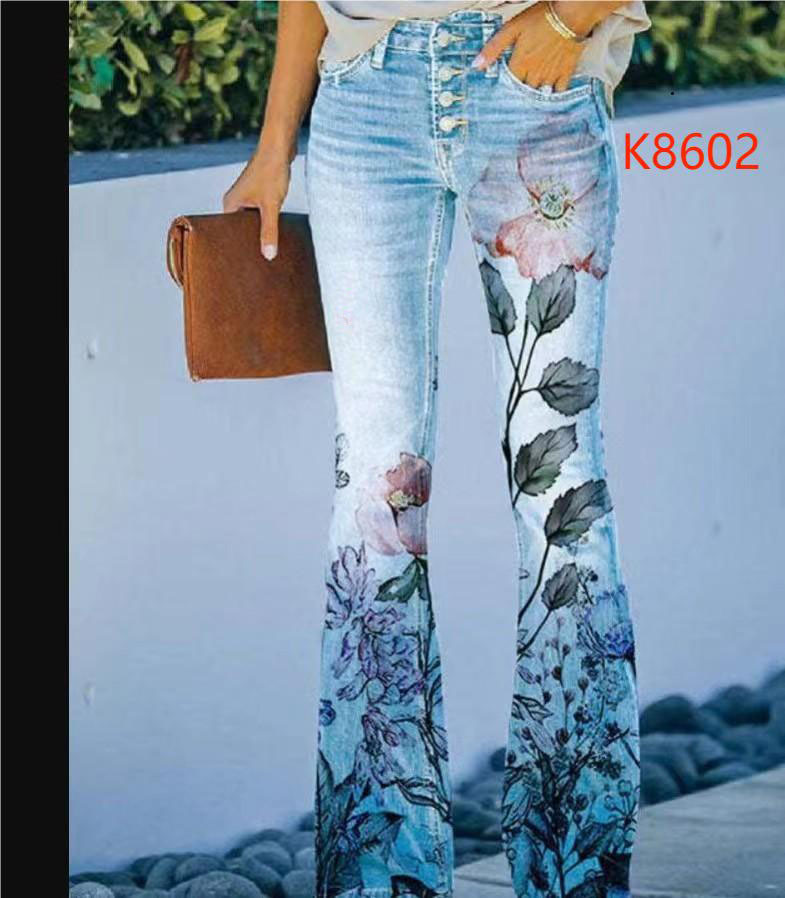 Women's clothing temperament slim micro digital printed imitation denim trousers thin_voghion.com