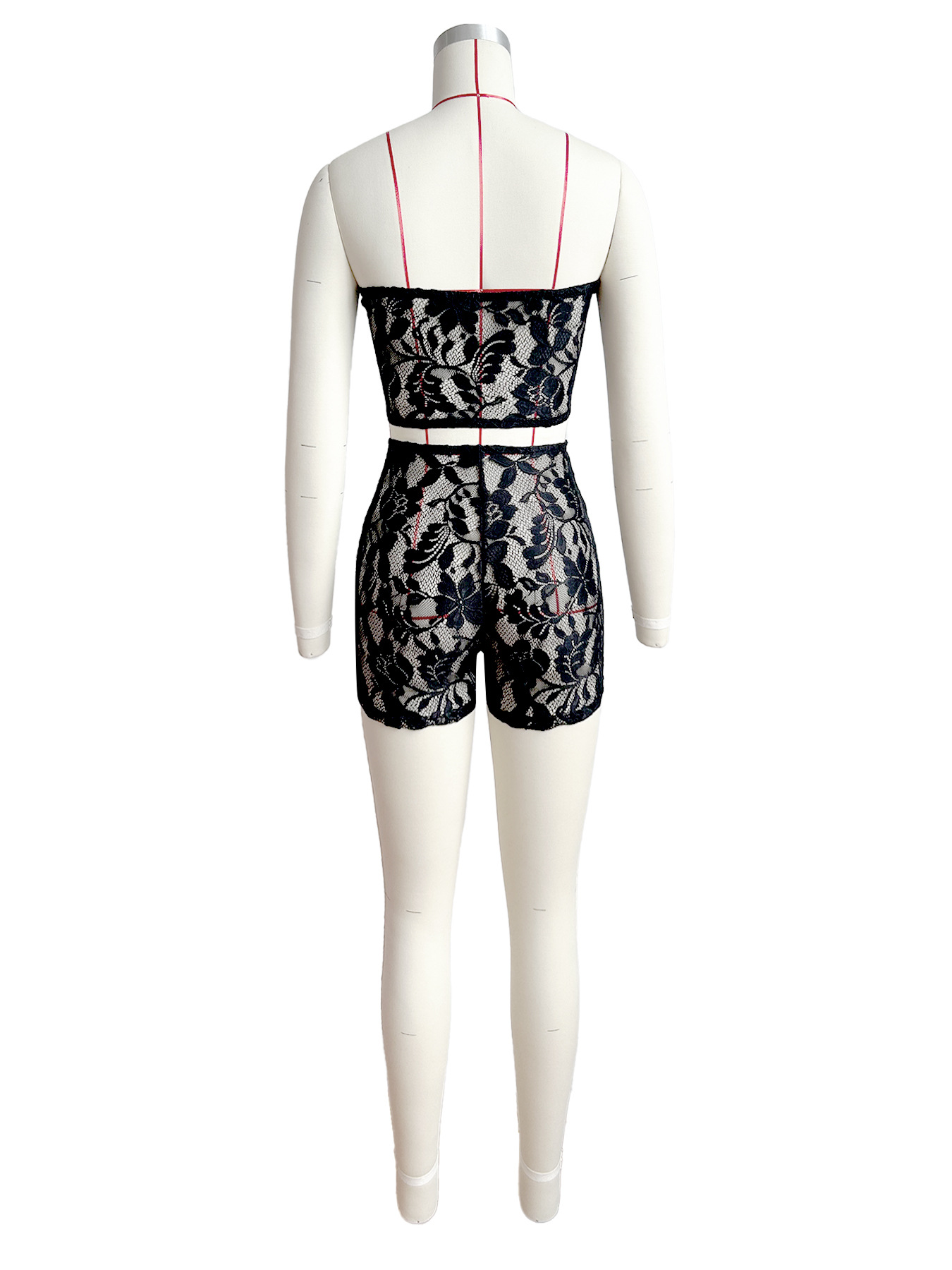 Women Clothing Sexy Semi Transparent Lace Tube Top Shorts Two Piece Set