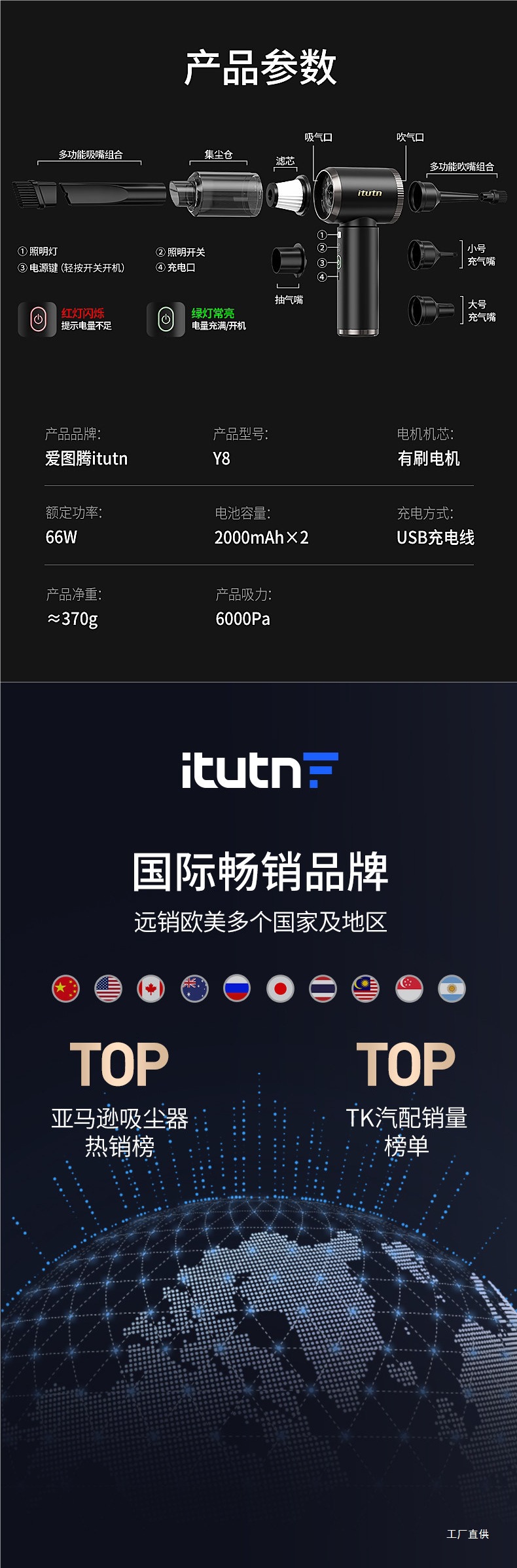 Aitotem Car Vacuum Cleaner Y8 High Suction Power Wireless Small Handheld Blow-Suction Integrated Car Vacuum