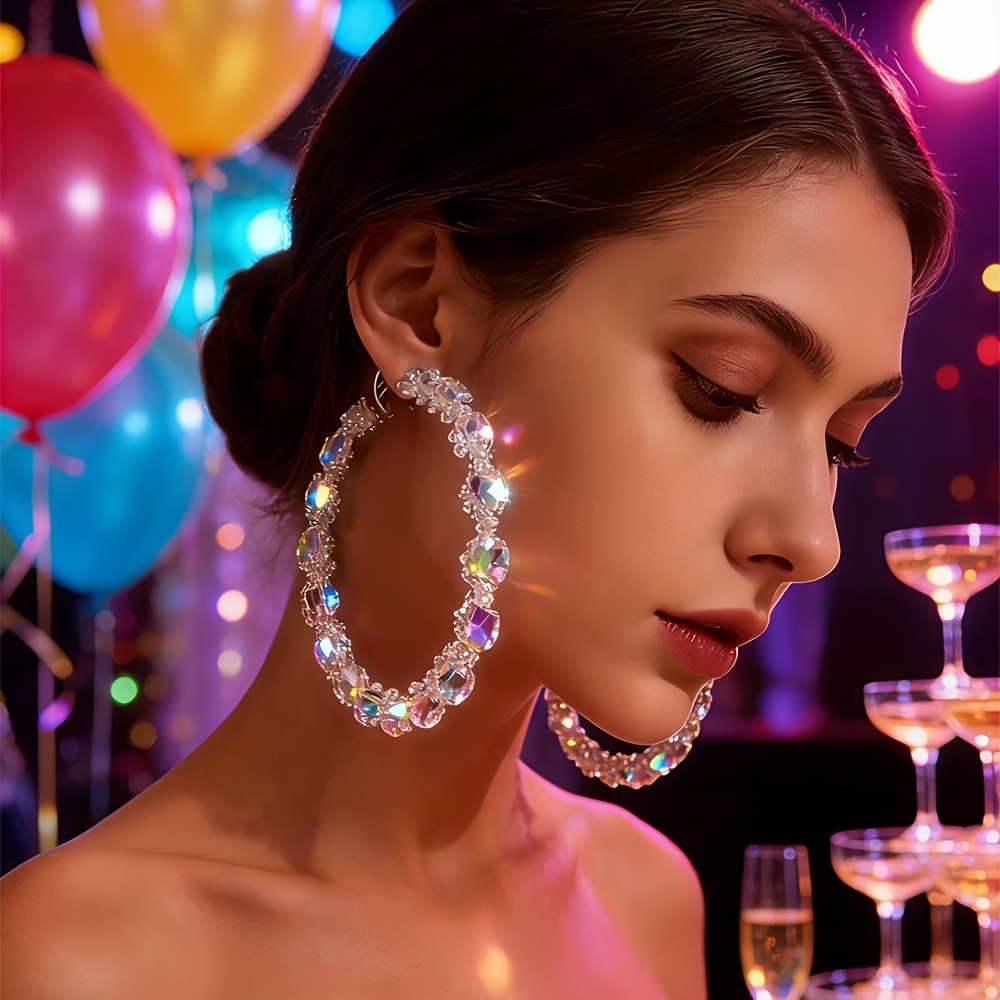 1 Pair of Cross-Border Aliexpress European and American Style Hoop Earrings, Full Diamond Exaggerated Earrings, Nightclub Women's Exaggerated Rhinestone Large Hoop Earrings