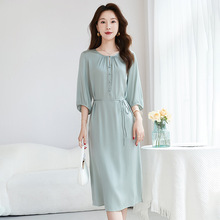 【桑蚕丝】系带轻奢气质素色通勤真丝桑蚕丝女装双乔弹力连衣裙7986