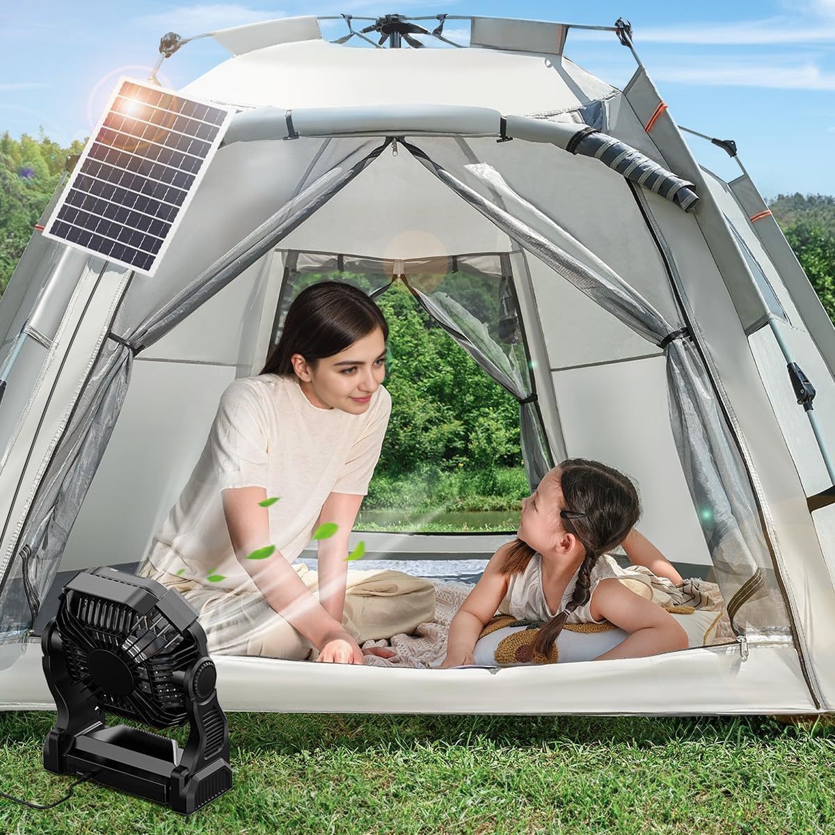 Lámpara Ventilador Portátil para Camping con Luz LED Recargable de 3 Velocidades