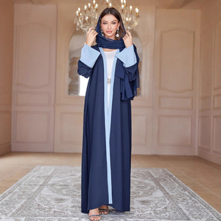 2025 Cross-Border Middle East Export Women's Muslim Abaya Contrasting Color Hijab Dress Robe