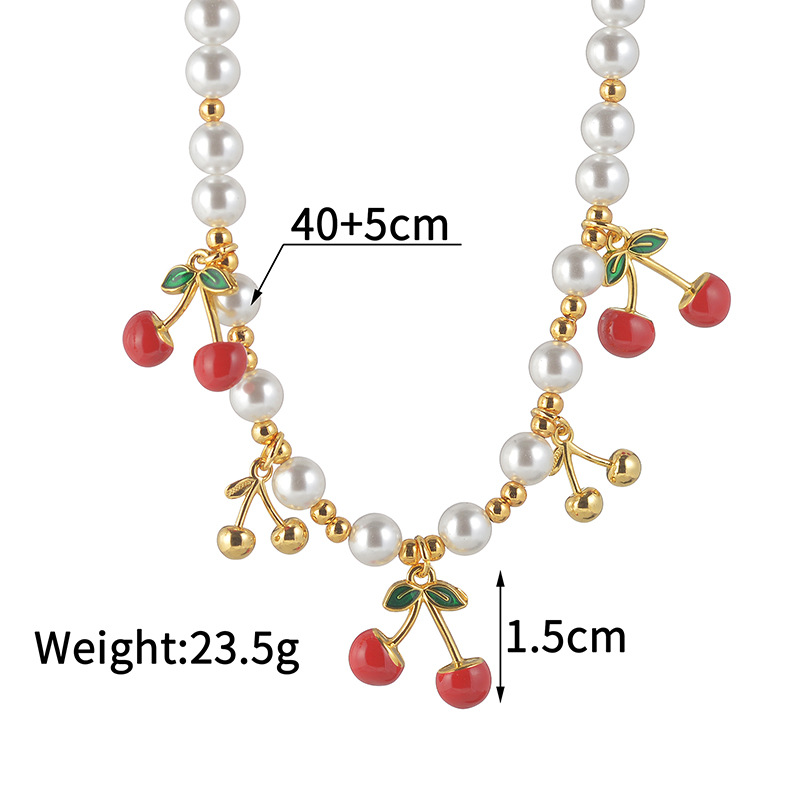 1 Piece Quantity Women's 304 Stainless Steel Imitation Pearl Beaded Chain Cherry Strawberry Chili Multi Charms Necklace Imitation Pearl Jewelry