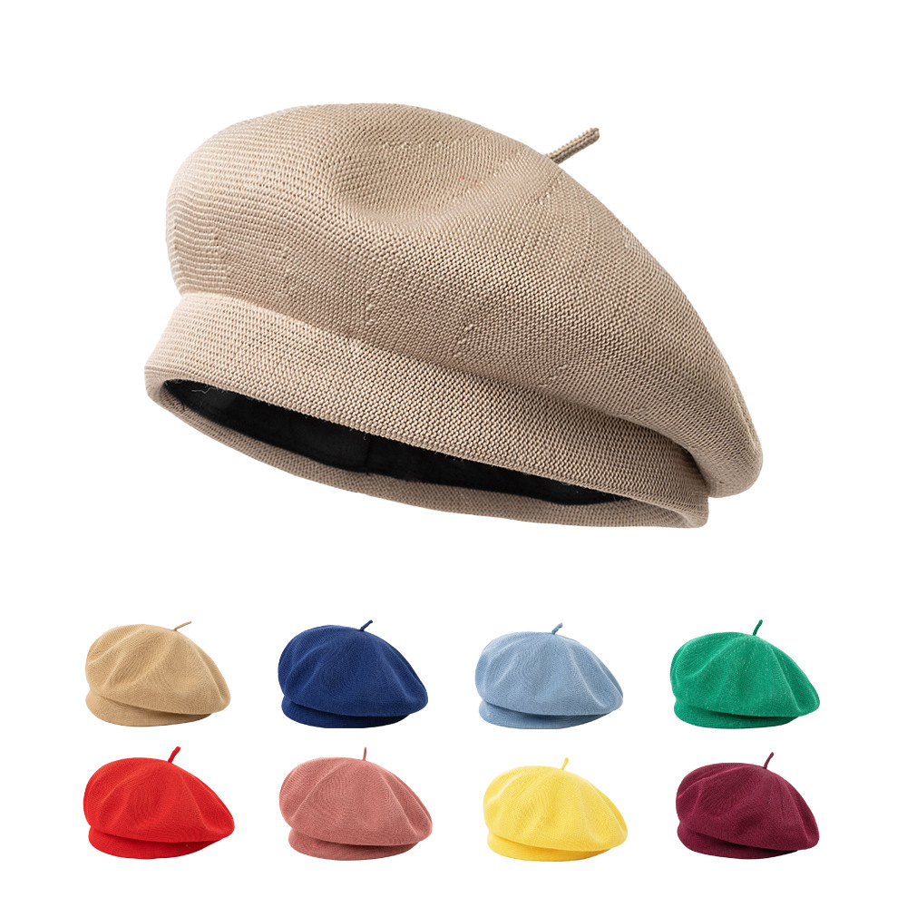 春夏新款时尚休闲针织透气立体深檐调节汗带贝雷帽画家帽女士潮帽