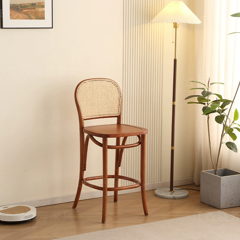 Скандинавский барный стул из цельного дерева, домашний островной стул, стул для магазина чая с молоком, барный стул из ротанга, барный стул, табурет с высокой спинкой