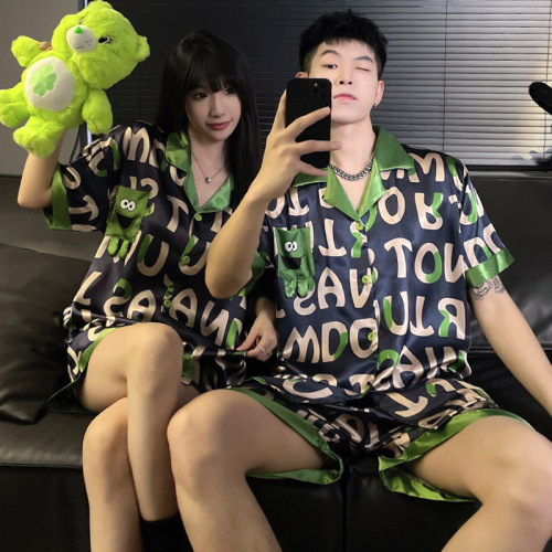 Factory Wholesale 2024 New Summer Couple Pajamas Women Summer Ice Silk Short Sleeve Shorts High-end Men's Foreign Trade