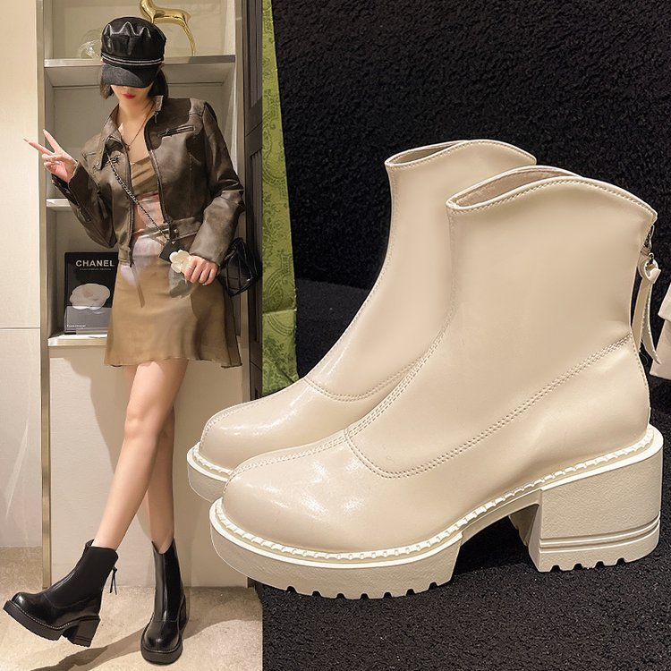 冬即时装靴女鞋冬季休闲圆头后拉链粗跟短靴高跟短筒鞋0682