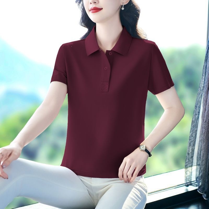 跨境年春秋季女士短袖休闲纯棉polo衫大码女装百搭宽松衬衫领薄款