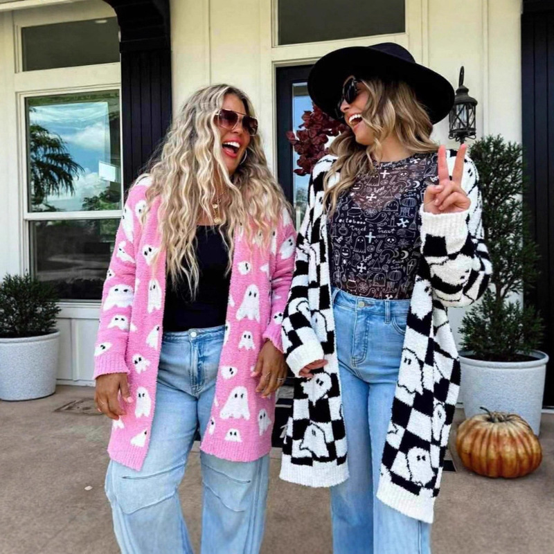 Halloween Ghost Pattern Mid-Length Knitted Cardigan Foreign Trade Cross-Border Autumn and Winter Mid-Length Loose Sweater Coat for Women