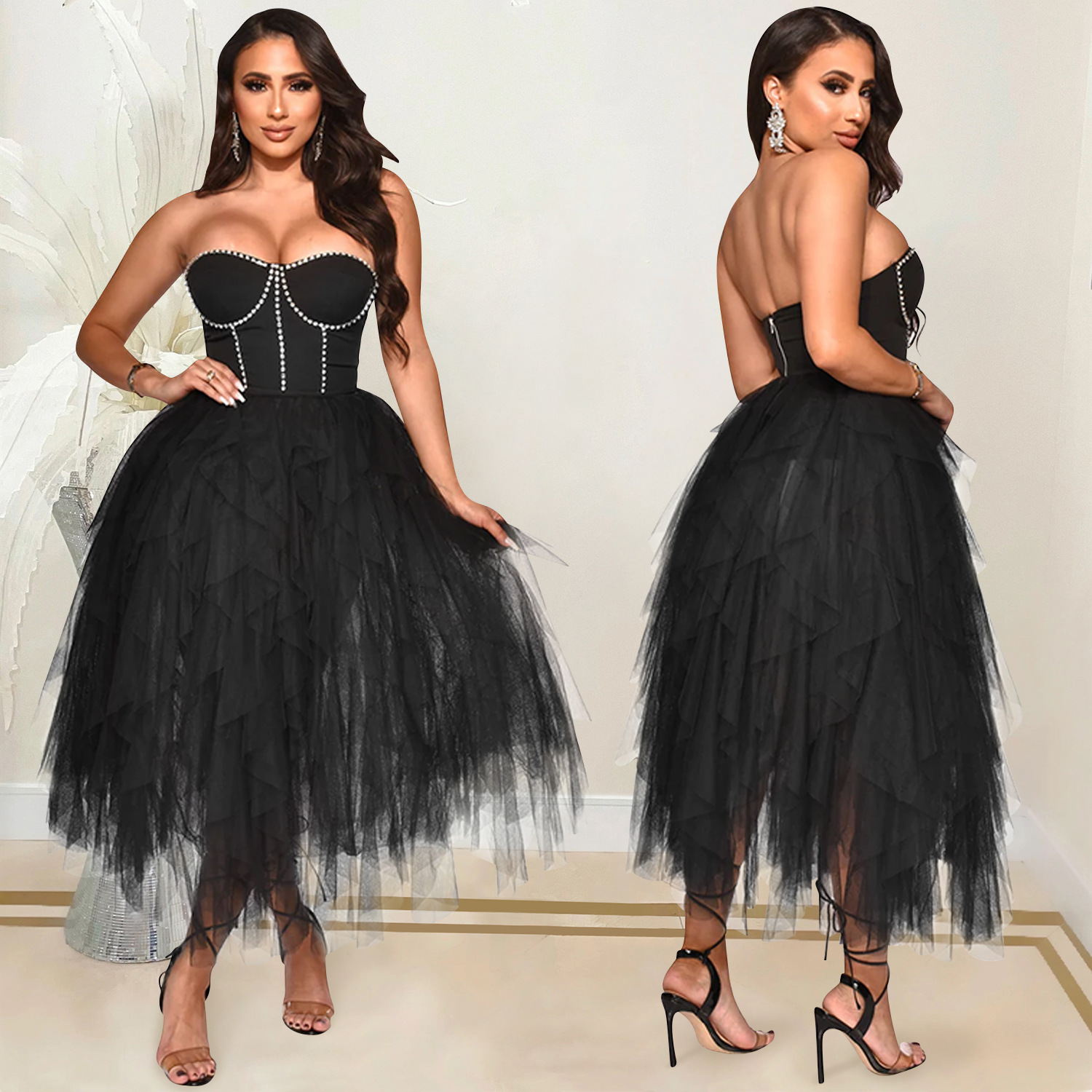 X5709 nueva llegada AliExpress Amazon moda europea y americana color sólido rhinestone caliente tubo superior mullido vestido de malla ropa las mujeres image 3
