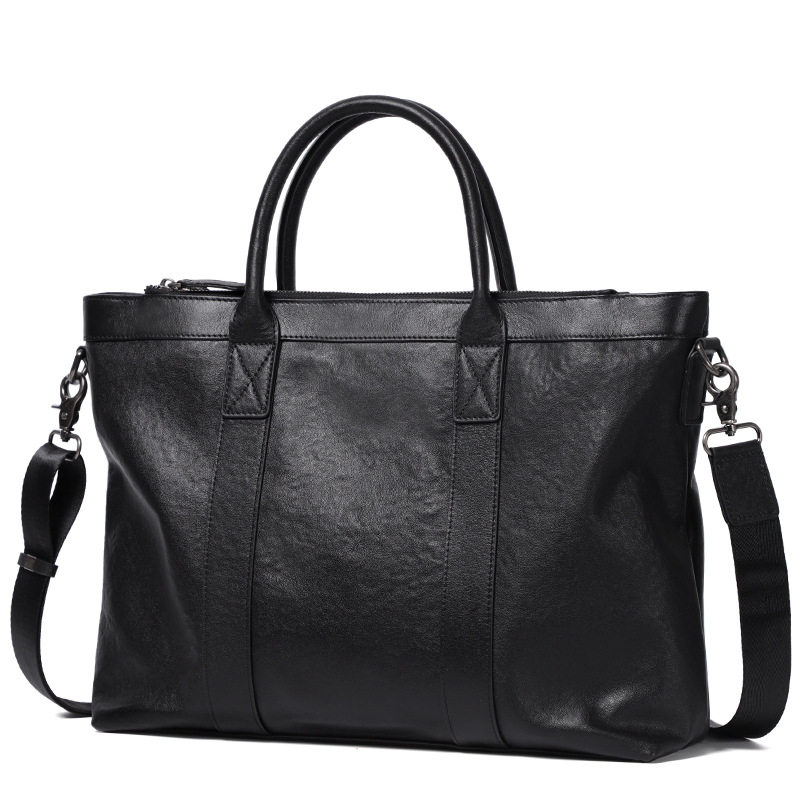 Cặp da nam công sở da bò lớp đầu nhiều ngăn 38×8×28 cm, đeo vai/chéo — Màu đen