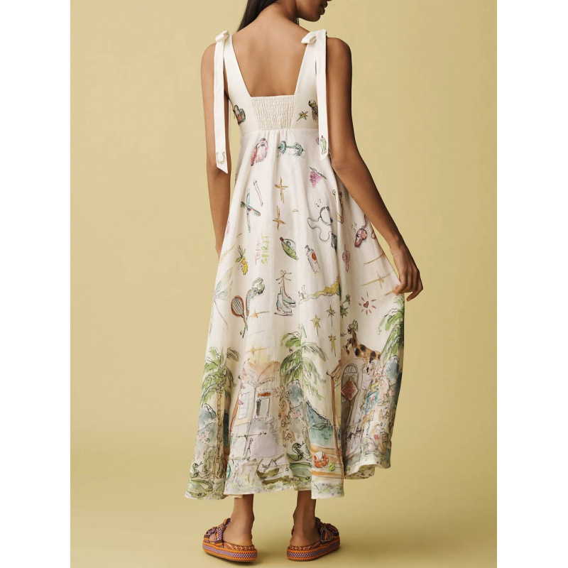 Spring and Summer European and American Style Printed Suspender Dress for Women, Bohemian Vacation Beach Long Dress, High-Waisted, Slimming, Mid-Length