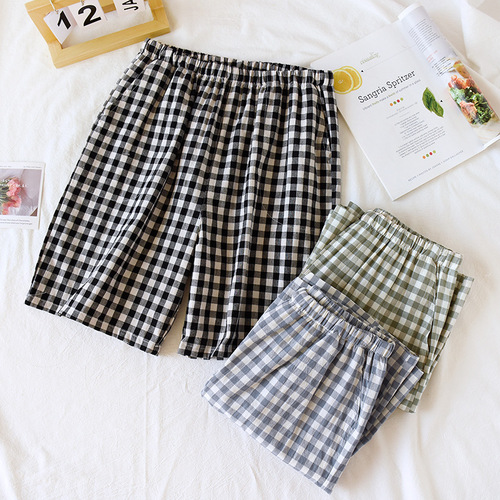 Men's pure cotton summer thin loose home comfort simple checkered home pants plus size beach pants