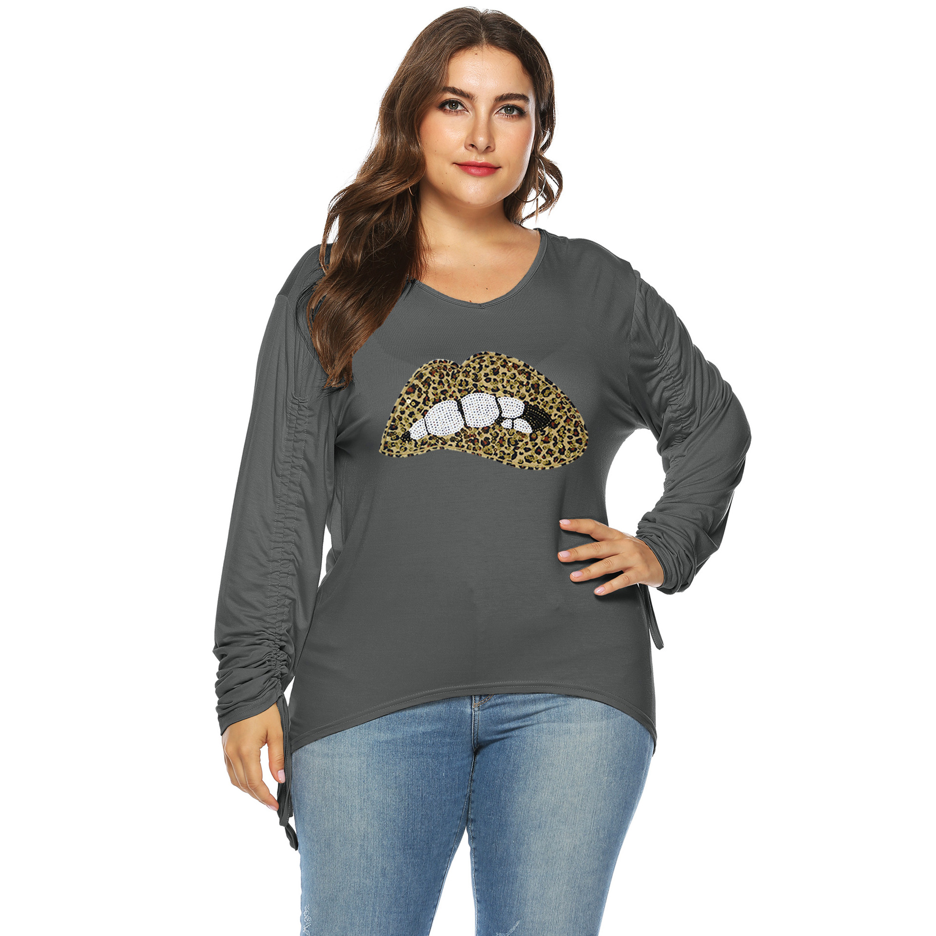 plus size lip print V-neck sequined drawstring long sleeves T-shirt NSOY125380