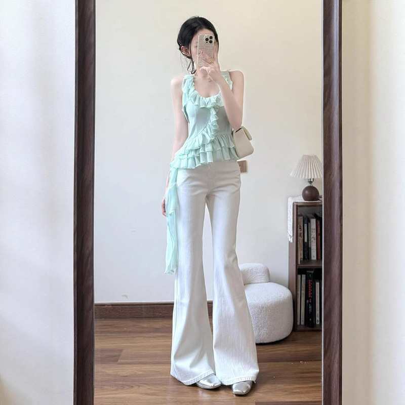 Mint Green Design Sleeveless Halterneck Vest for Women American Style White Bootcut Jeans for Women Summer Complete Outfit