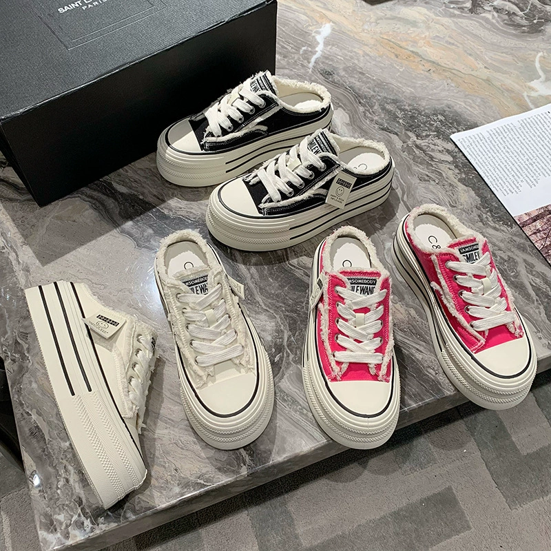 Женские полутапочки Baotou в европейском стиле, новая летняя дышащая парусиновая обувь, обувь на внутренней высоте, ленивая платформа, 2023