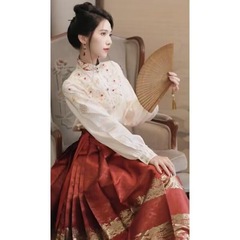 新しい中国風のシャツの赤い馬のスカートのスーツの女性の春秋の高級感の半身のスカートは刺繍の上着を配合します。