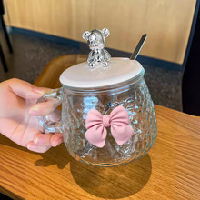 小熊马克杯带盖玻璃杯杯子女可爱创意办公室咖啡杯2023新款水杯