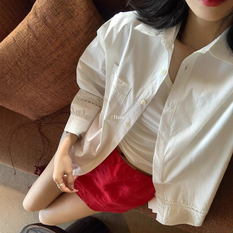 Hers One Spoon of Sweetness Korean-Style Academy Style Simple Daily Commuting Oversized Hollow-Out Patchwork Elegant Casual Shirt for Women Hers One Spoon of Sweetness Korean-Style Academy Style Simple Daily Commuting Oversized Hollow-Out Patchwork Elegant Casual Shirt for Women