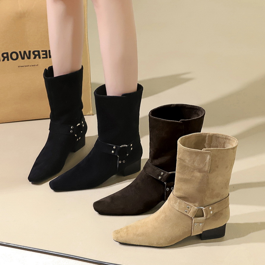 9625-2 Retro Western style Boots Fashion Short Boots Square Head Belt Buckle Middle Heel Thick Heel Suede Single Boots Mid heeled Boots Female