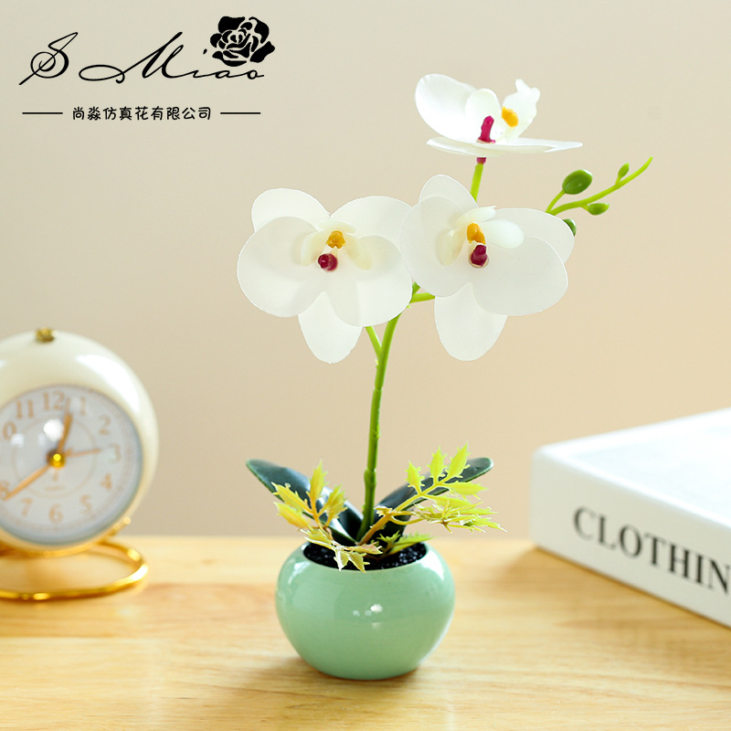 Popular flor artificial pequeña olla redonda de tres flores película Phalaenopsis bonsai creativo interior pequeña decoración artificial planta bonsai image 8