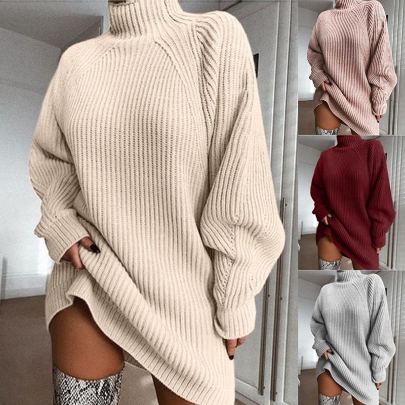 Vestido suéter de punto de media longitud con manga raglán y cuello medio alto, novedad de comercio exterior otoño-invierno 2026