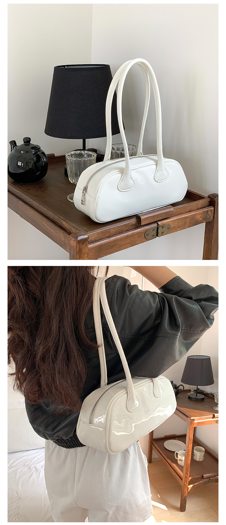Piccolo gruppo lucido PU stick versione coreana, nuova borsa monospalla sottobraccio, modellatura in vernice, alla moda e_voghion.com