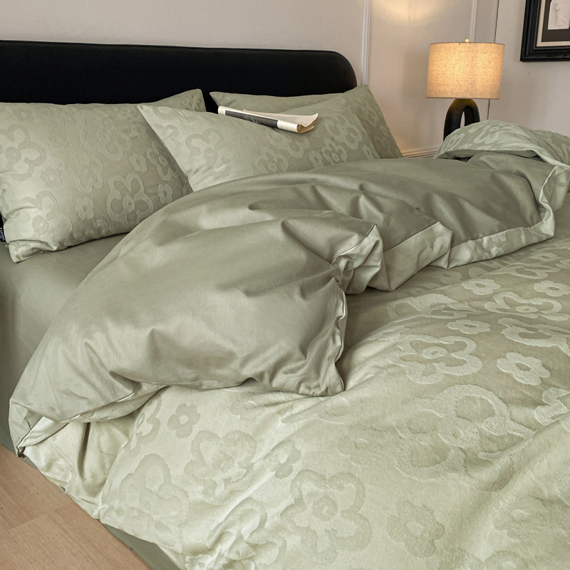 Algodón glutinoso ultra suave tejido Jacquard de cuatro piezas, ropa de cama de algodón para dormir desnudo, otoño y invierno, cuatro estaciones gruesas y cálidas.