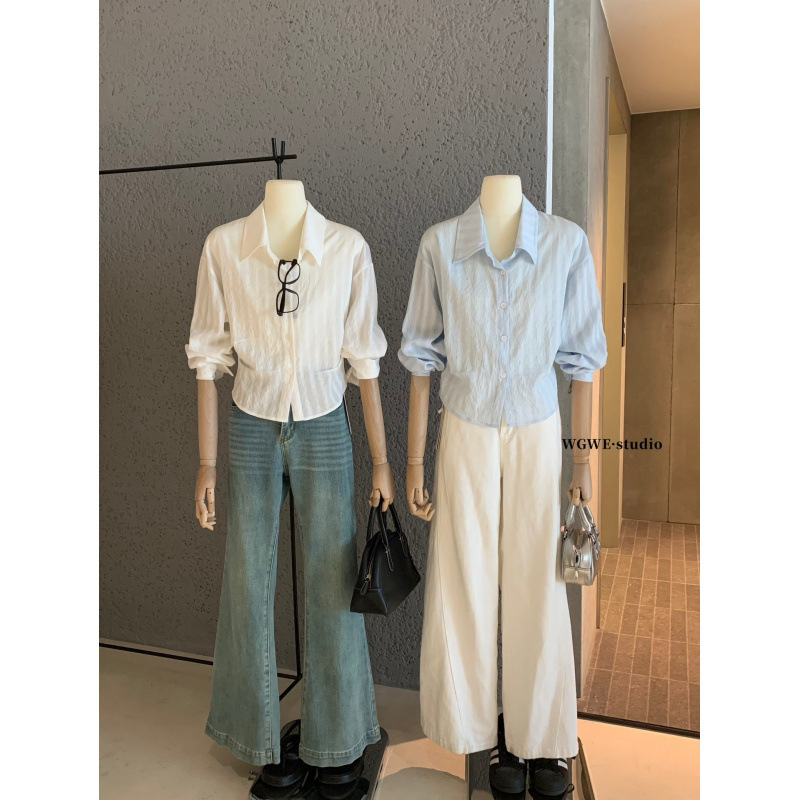 塞纳WGWE6919法式简约条纹长袖Polo领上衣新款设计感衬衣显瘦衬衫|undefined