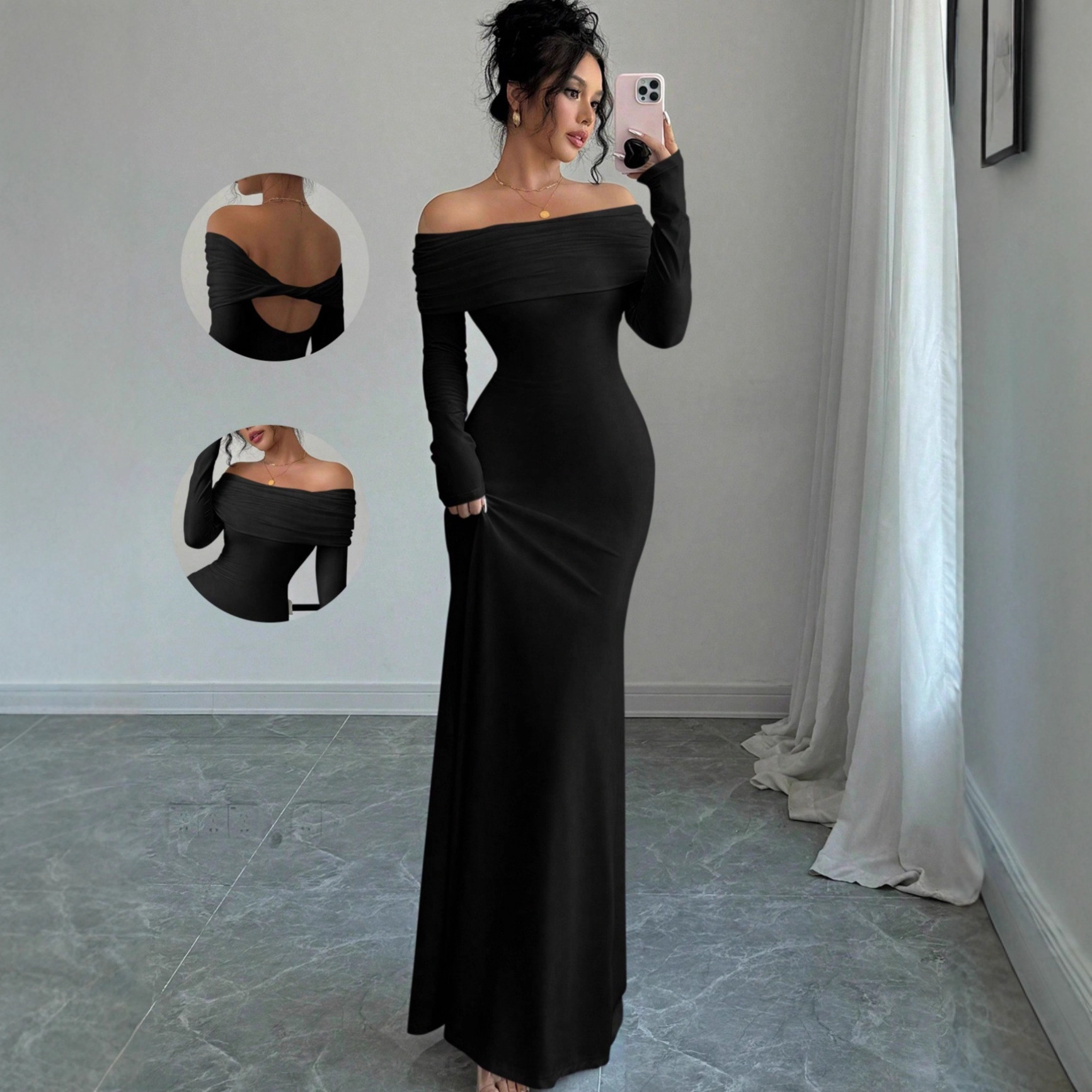 Foreign Trade 2025 Spring Women's Off-Shoulder Pleated Tight-Fitting Fashionable and Elegant Hip-Hugging Long Evening Dress